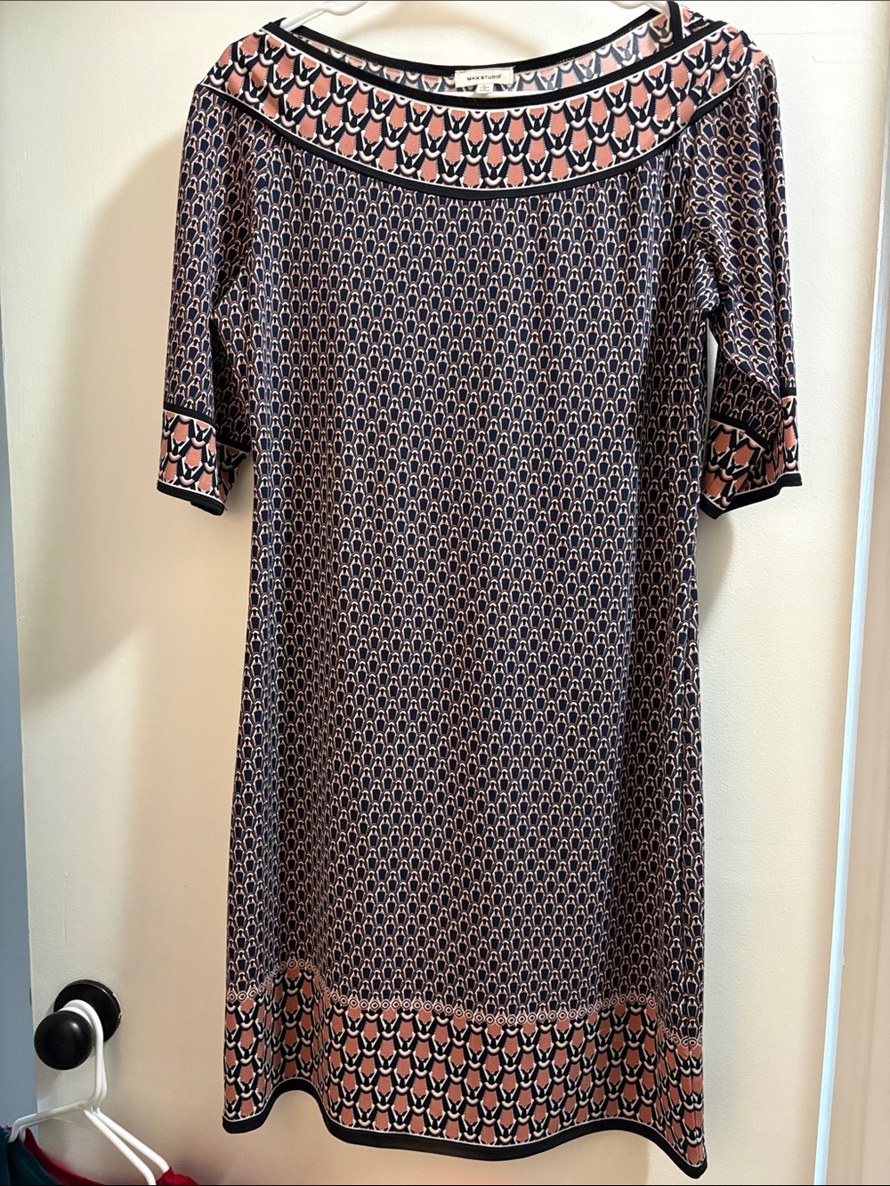 Max Studio Navy and Pink Printed Shift Dress